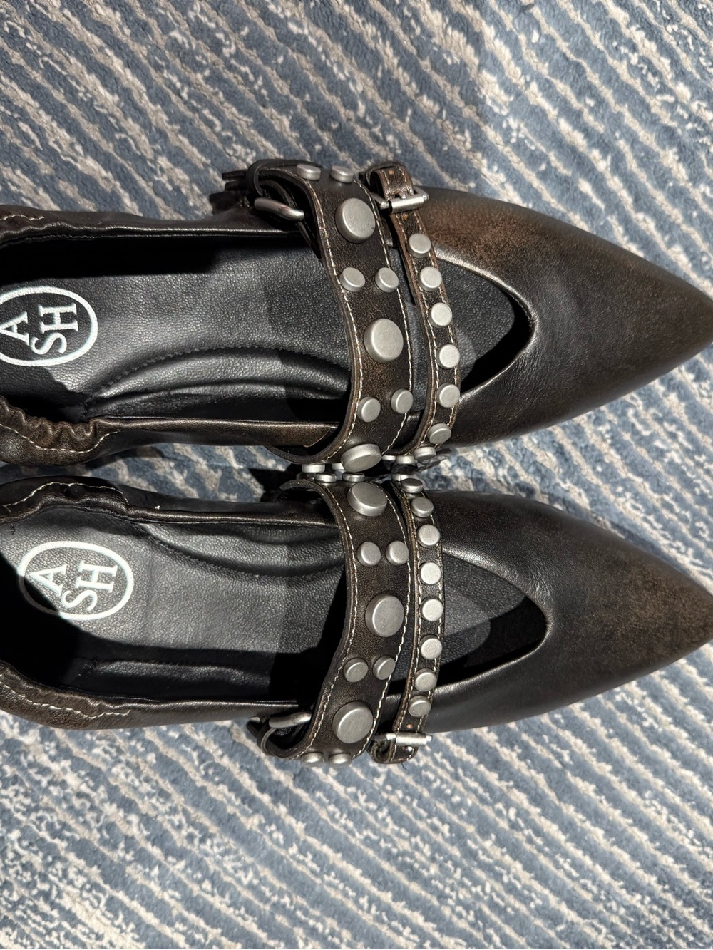 ASH Black Studded Pointed Mary Jane Flats - Picture 2 of 2